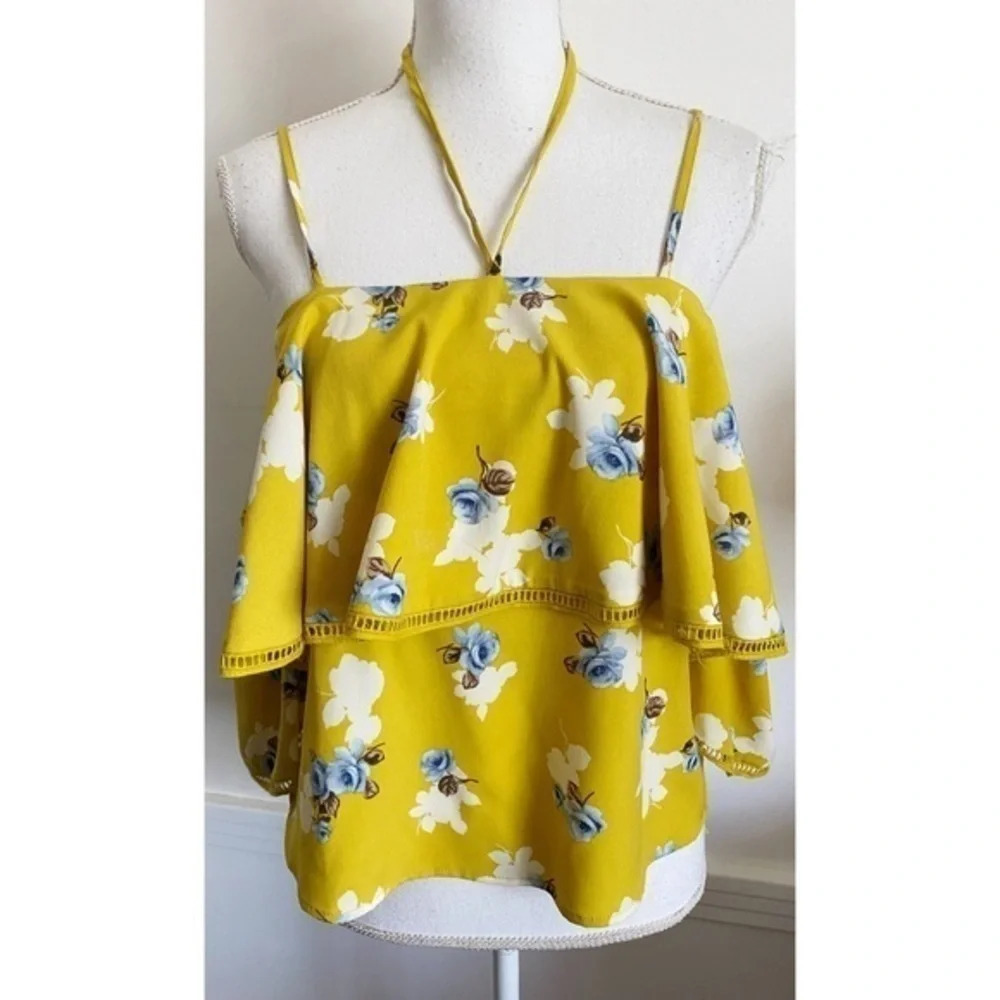 JOA Los Angeles • Yellow Blue Floral Off The Shoulder Tie Neck Blouse